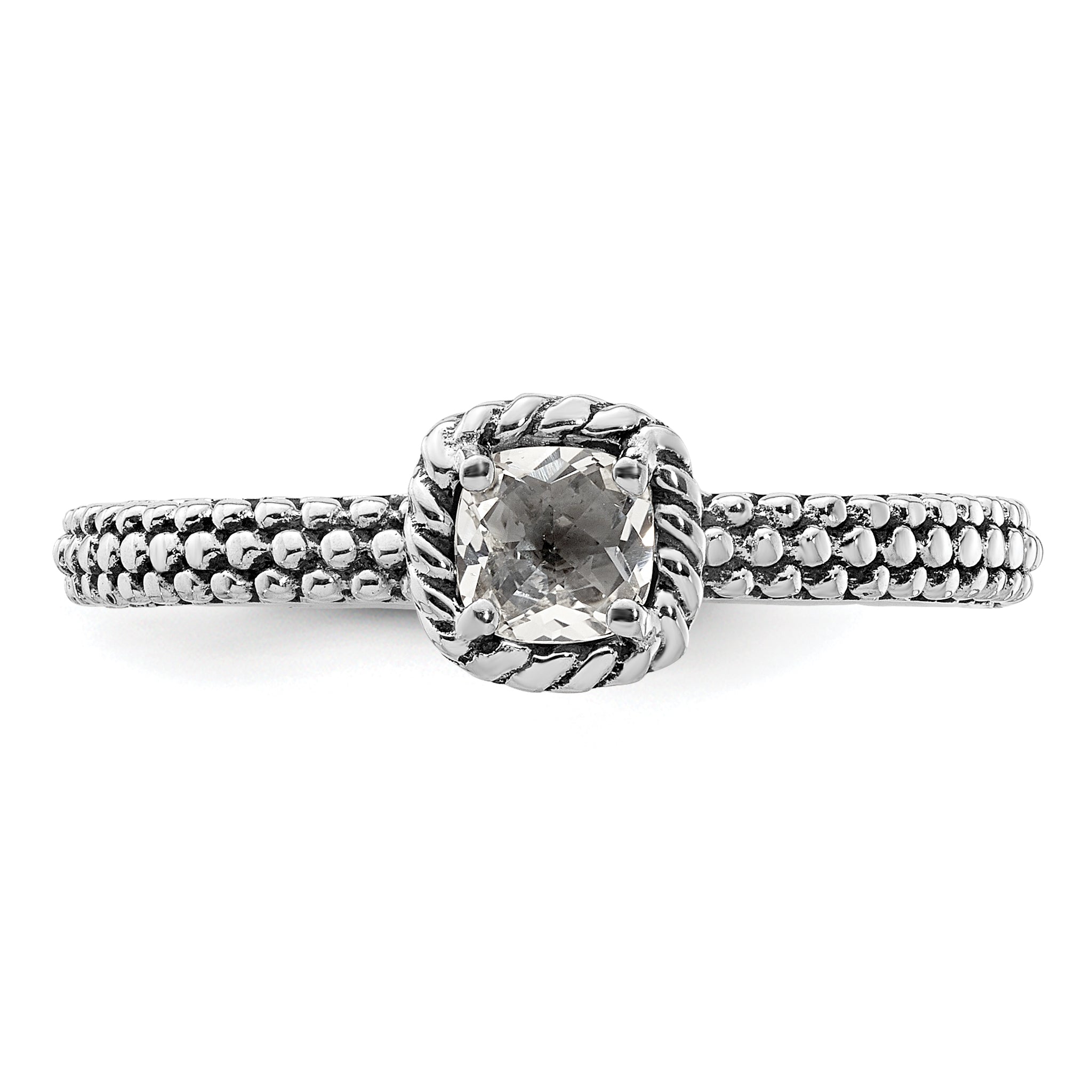 Sterling Silver Stackable Expressions Checker-cut White Topaz Antiqued Ring
