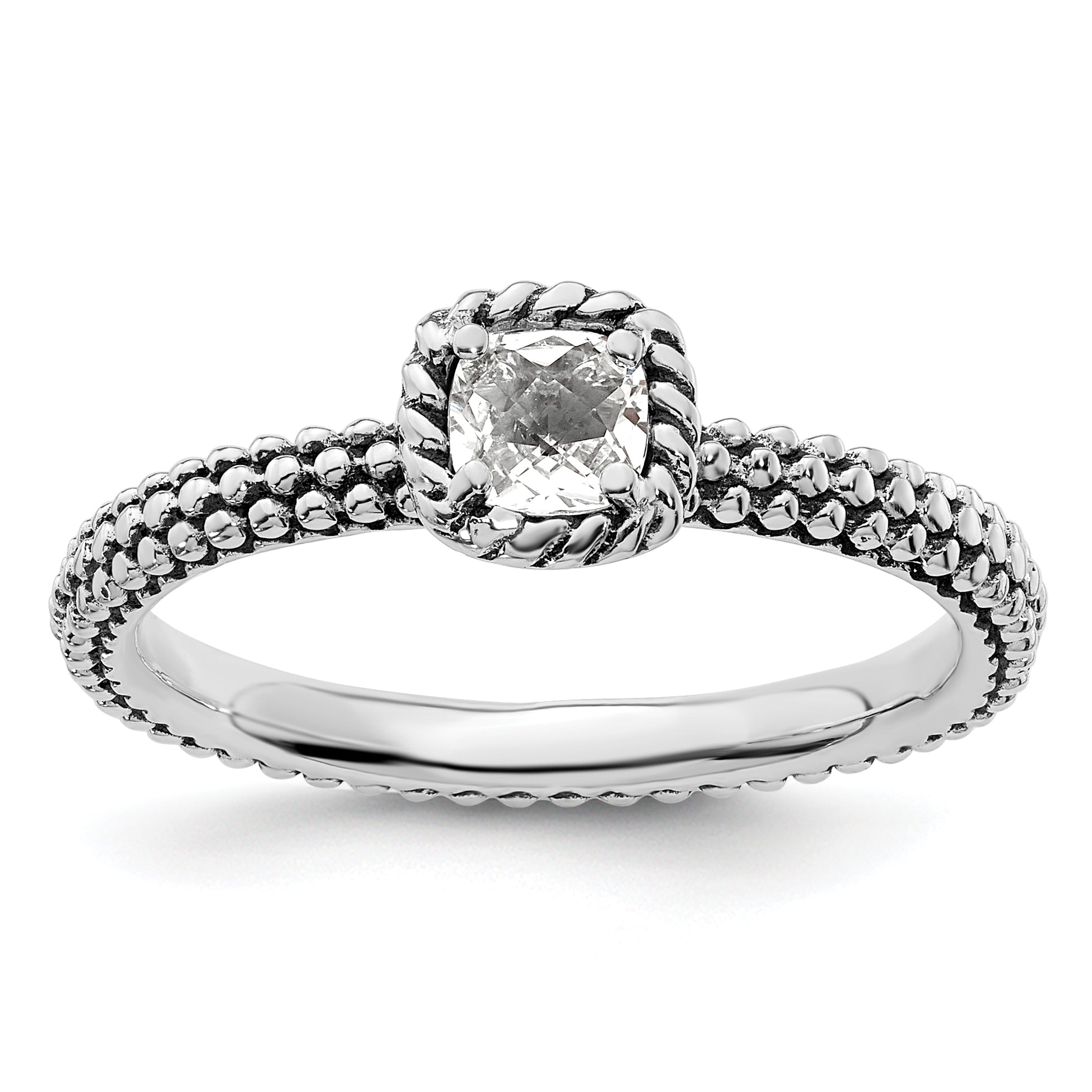 Sterling Silver Stackable Expressions Checker-cut White Topaz Antiqued Ring Main image