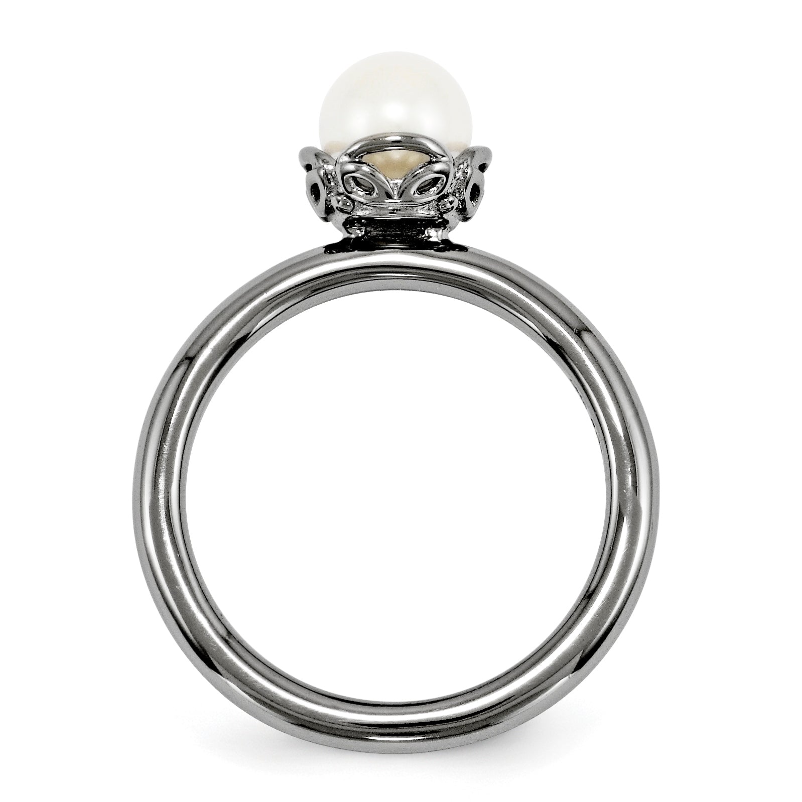 Sterling Silver Stack Exp. White FW Cultured Pearl Black-plate Ring Secondary image