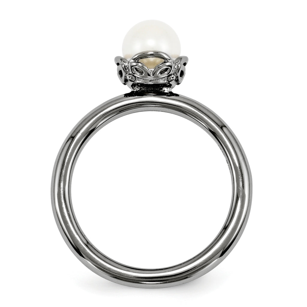 Sterling Silver Stack Exp. White FW Cultured Pearl Black-plate Ring