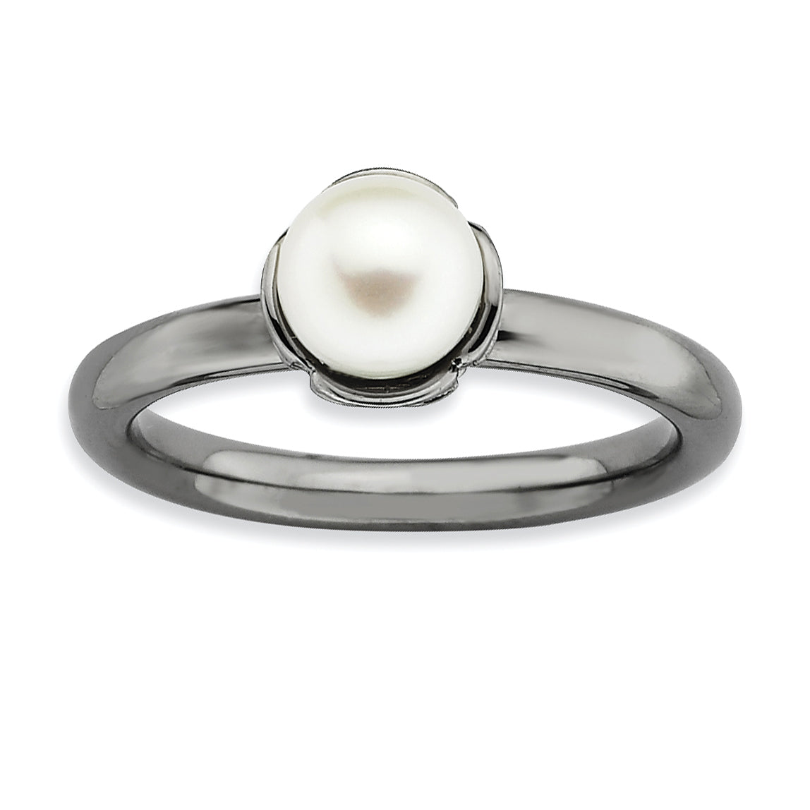 Sterling Silver Stack Exp. White FW Cultured Pearl Black-plate Ring Main image