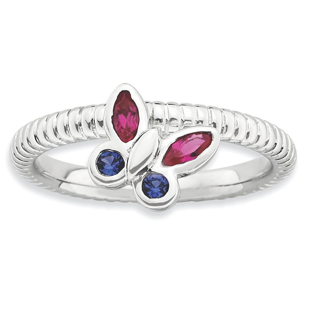 Sterling Silver Stackable Expressions Cr. Ruby, Cr. Sapphire Butterfly Ring Main image