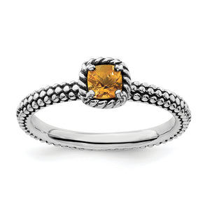 Checker-Cut Citrine Stackable Ring in Sterling Silver, Antiqued - Sophia Jewelers