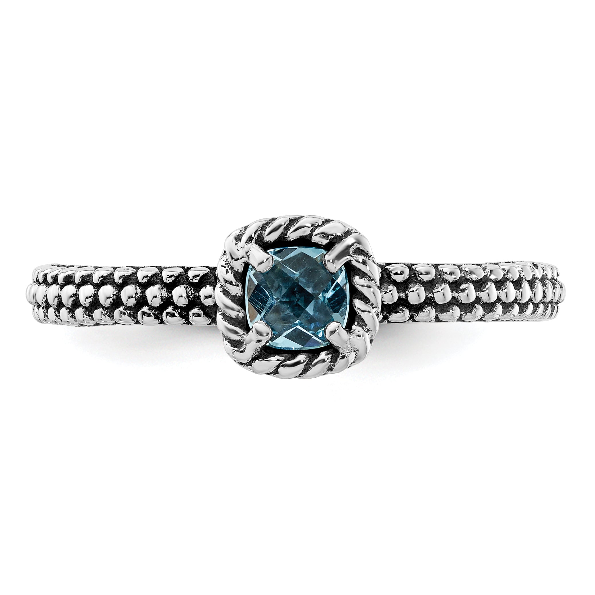 Sterling Silver Stackable Expressions Checker-cut Blue Topaz Antiqued Ring