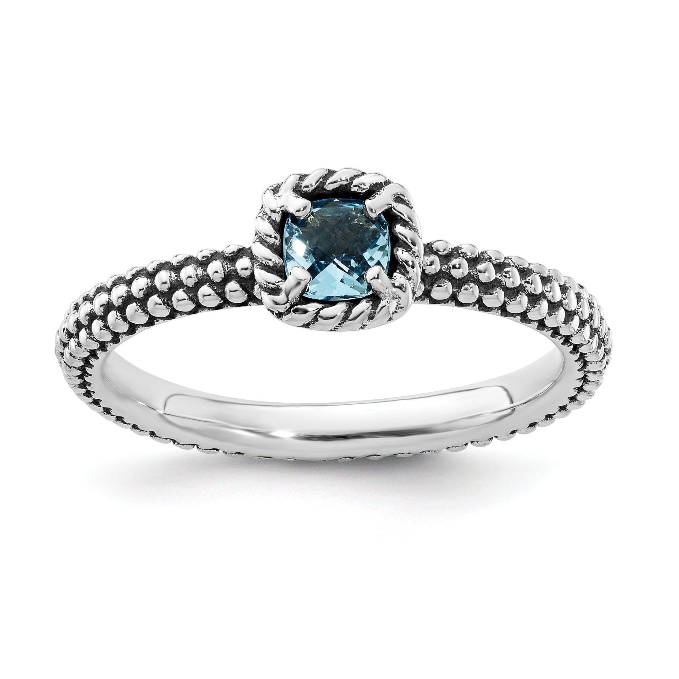 Sterling Silver Stackable Expressions Checker-cut Blue Topaz Antiqued Ring Main image