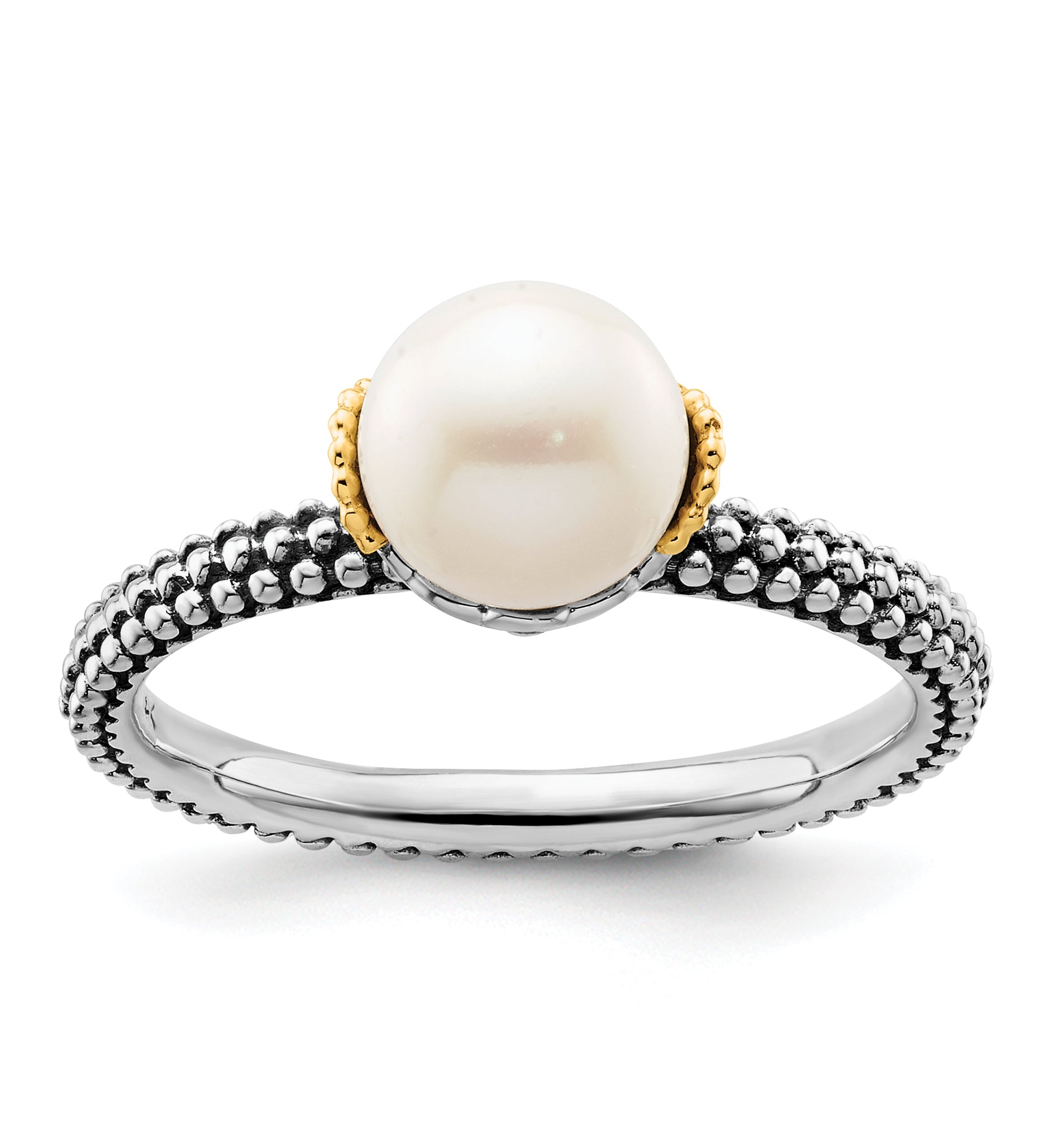 Sterling Silver & 14k Stack Exp. 7.0-7.5mm White FW Cultured Pearl Ring