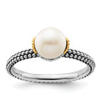 Sterling Silver & 14k Stack Exp. 7.0-7.5mm White FW Cultured Pearl Ring