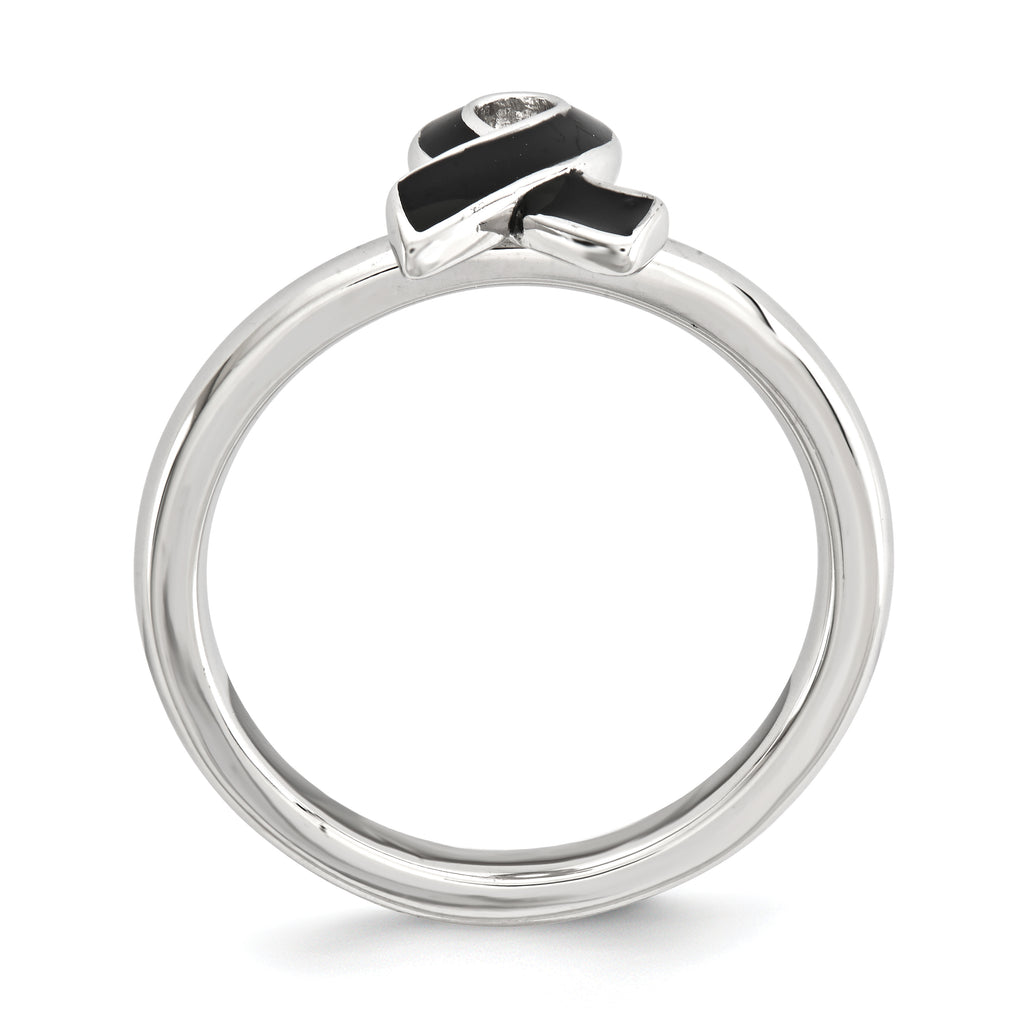 Sterling Silver Stackable Expressions Black Enameled Awarene Ribbon Ring