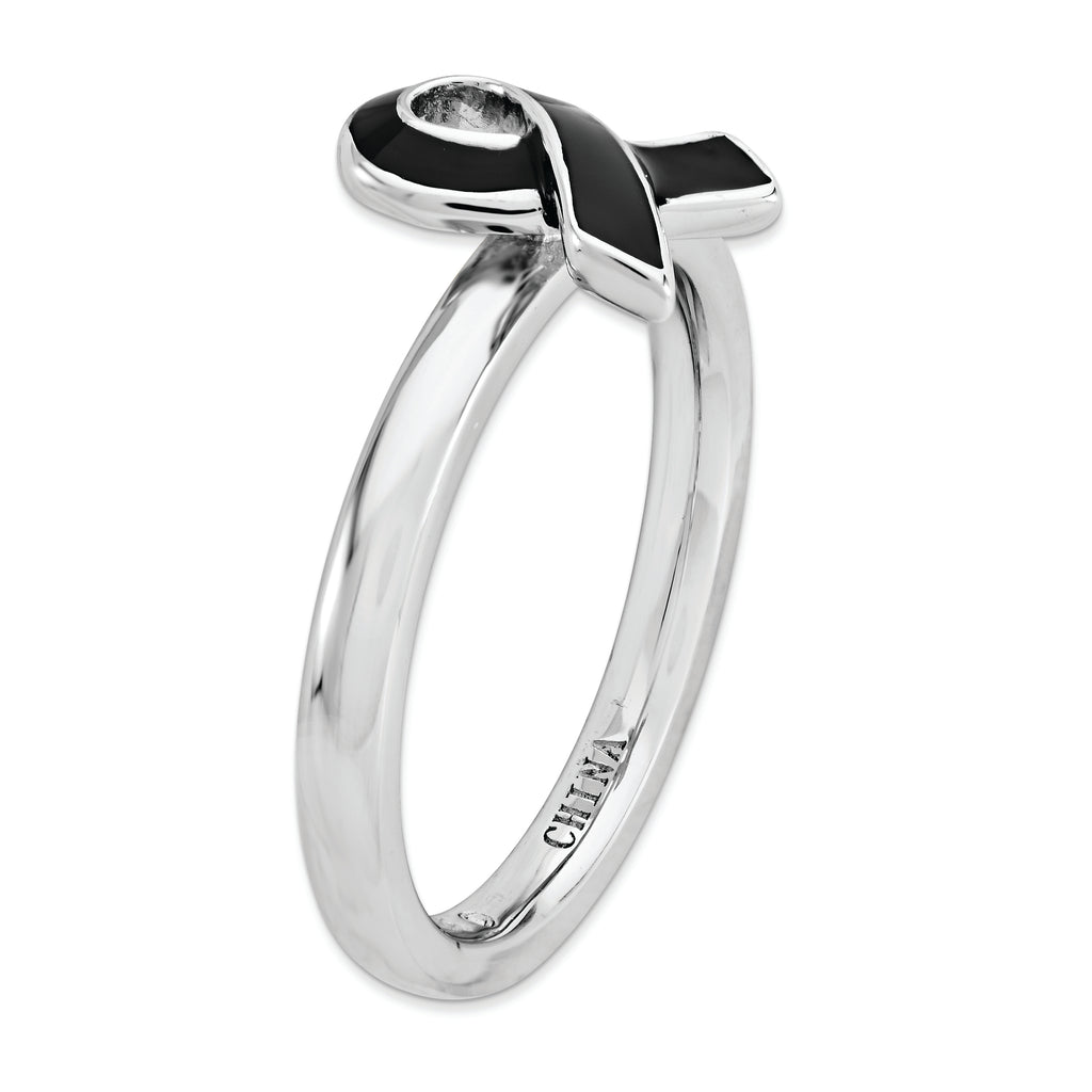 Sterling Silver Stackable Expressions Black Enameled Awarene Ribbon Ring
