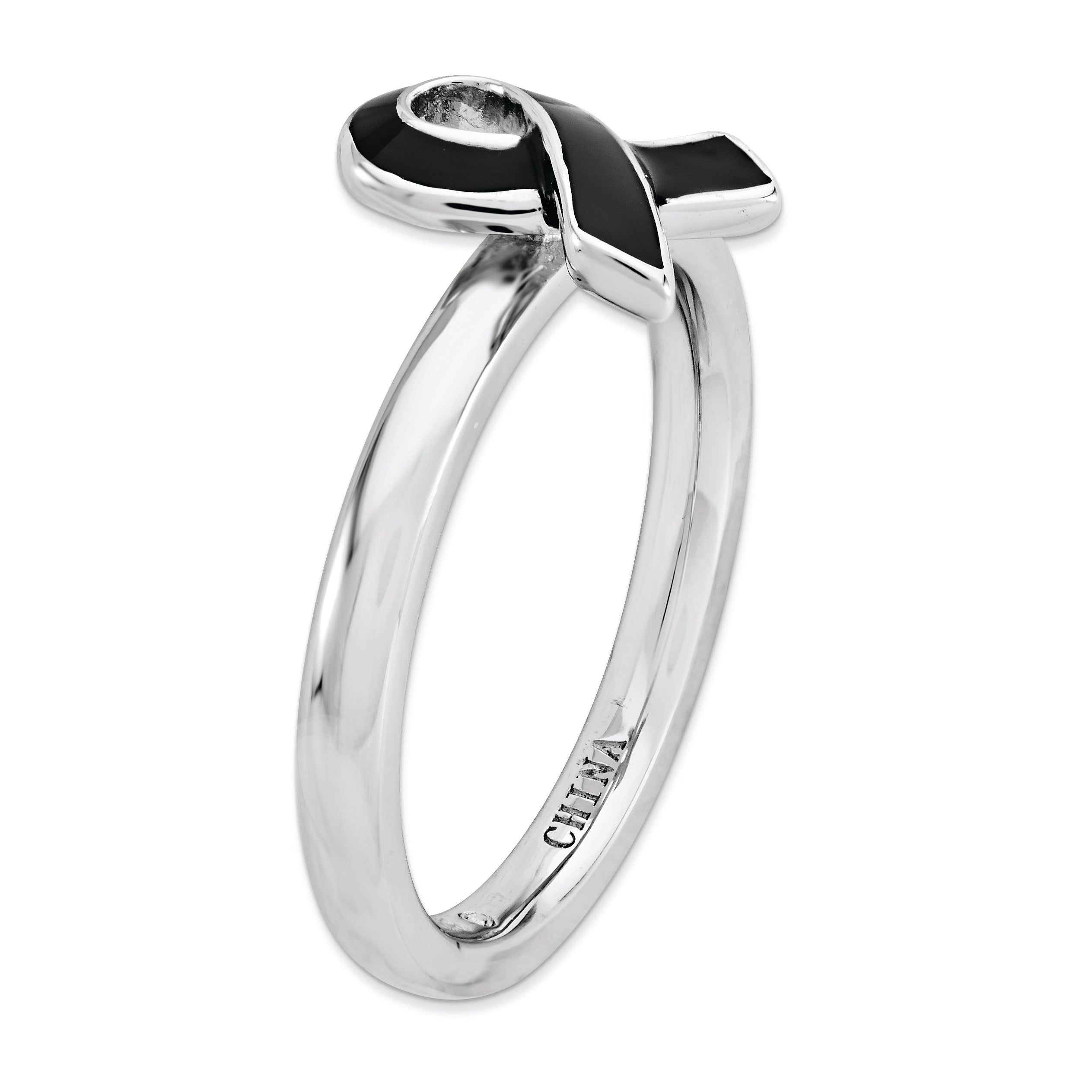 Sterling Silver Stackable Expressions Black Enameled Awarene Ribbon Ring