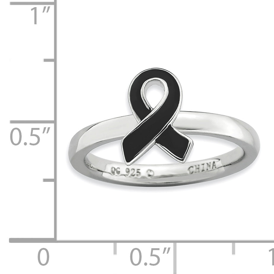 Sterling Silver Stackable Expressions Black Enameled Awarene Ribbon Ring