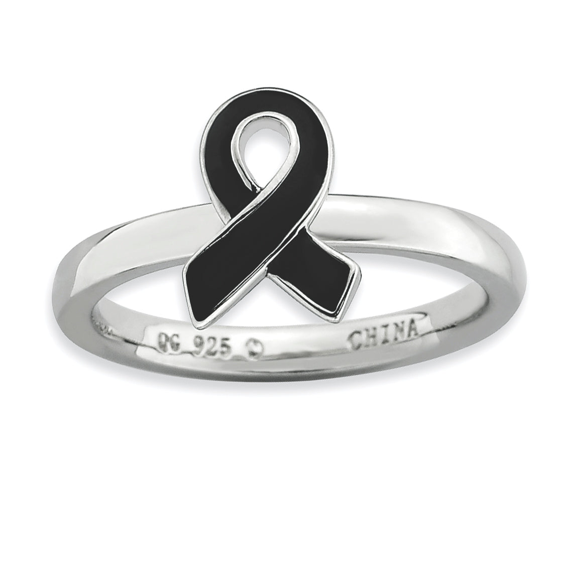 Sterling Silver Stackable Expressions Black Enameled Awarene Ribbon Ring