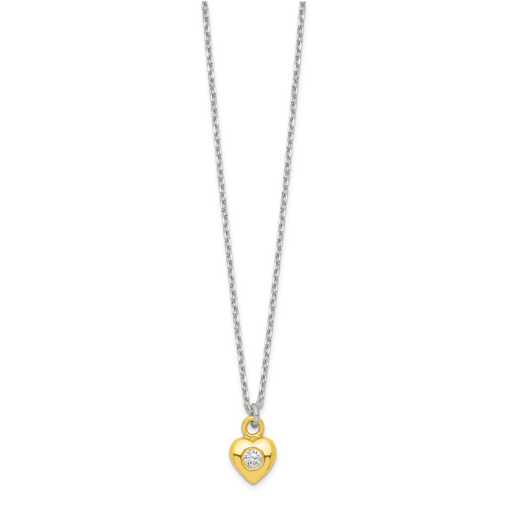 Sterling Silver & Gold-tone Polished CZ Heart Children's 14in Necklace and Post Earrings Set
