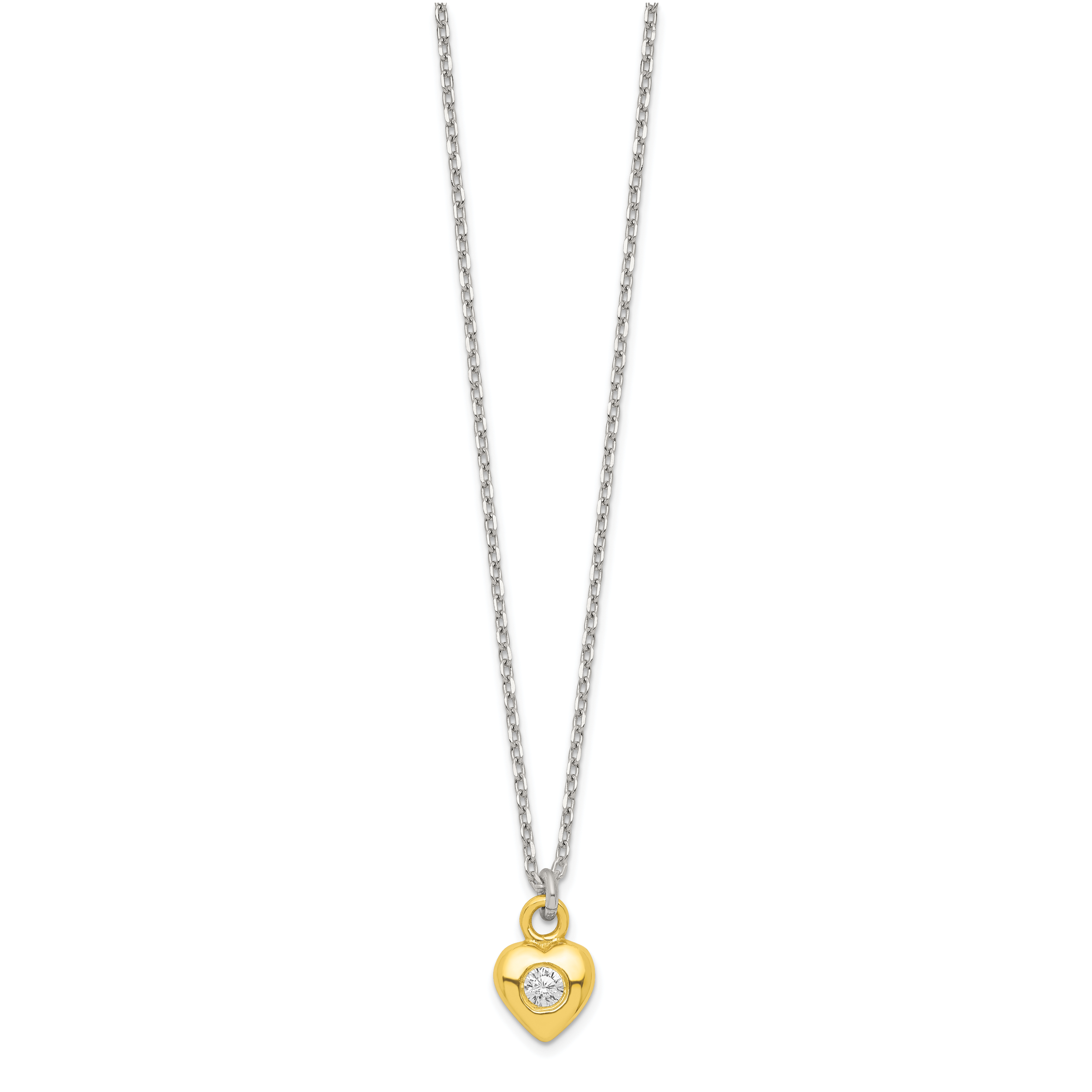 Sterling Silver & Gold-tone Polished CZ Heart Children's 14in Necklace and Post Earrings Set