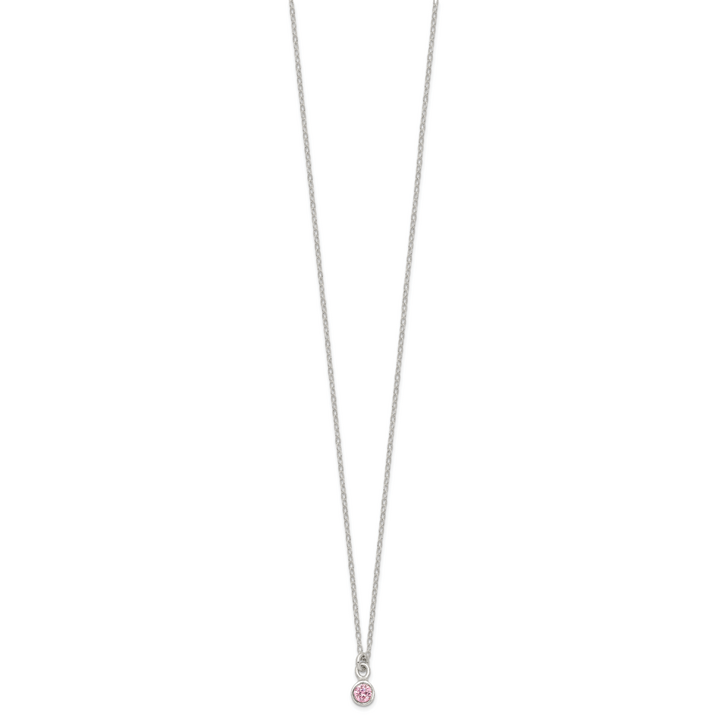 Sterling Silver Polished Pink Bezel Set CZ Children's 14in Necklace and Stud Earrings Set