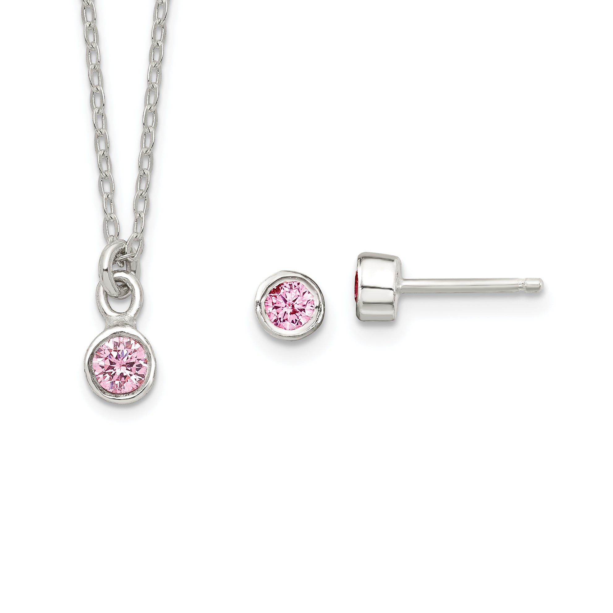 Sterling Silver Polished Pink Bezel Set CZ Children's 14in Necklace and Stud Earrings Set Main image