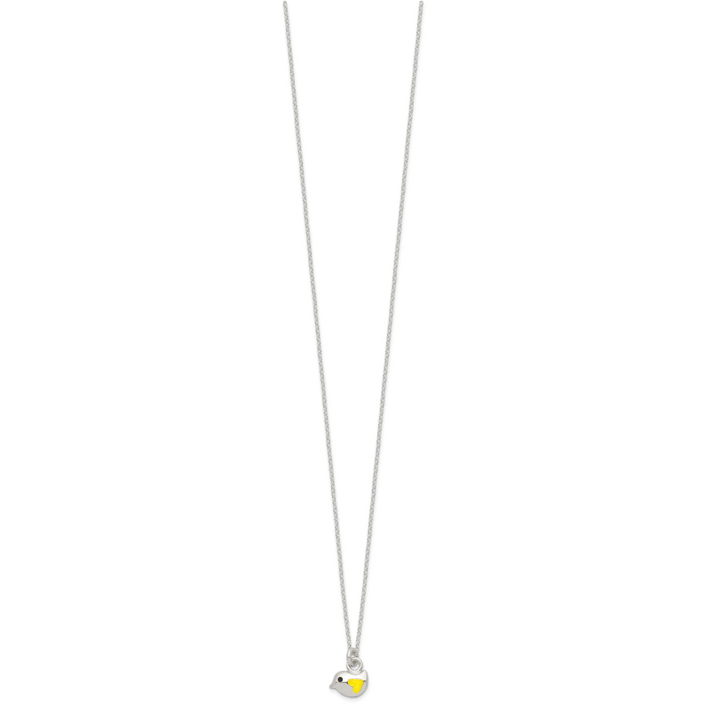 Sterling Silver Polished Yellow & Black Enameled Bird 14in Necklace and Post Earrings Set