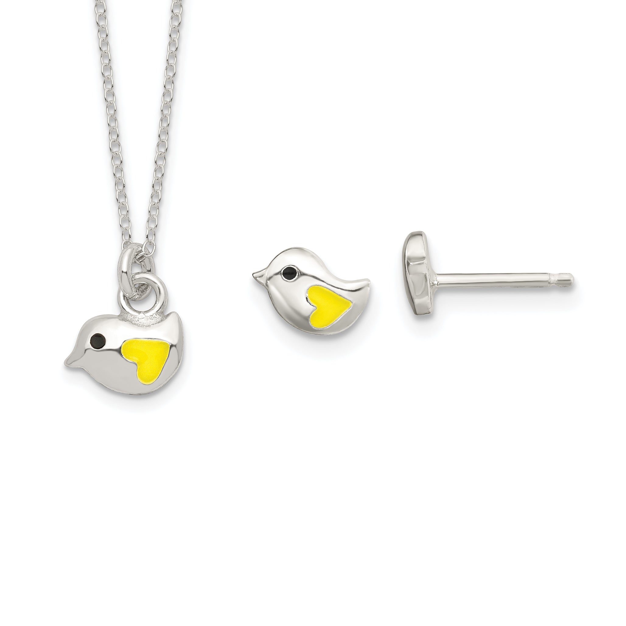 Sterling Silver Polished Yellow & Black Enameled Bird 14in Necklace and Post Earrings Set Main image
