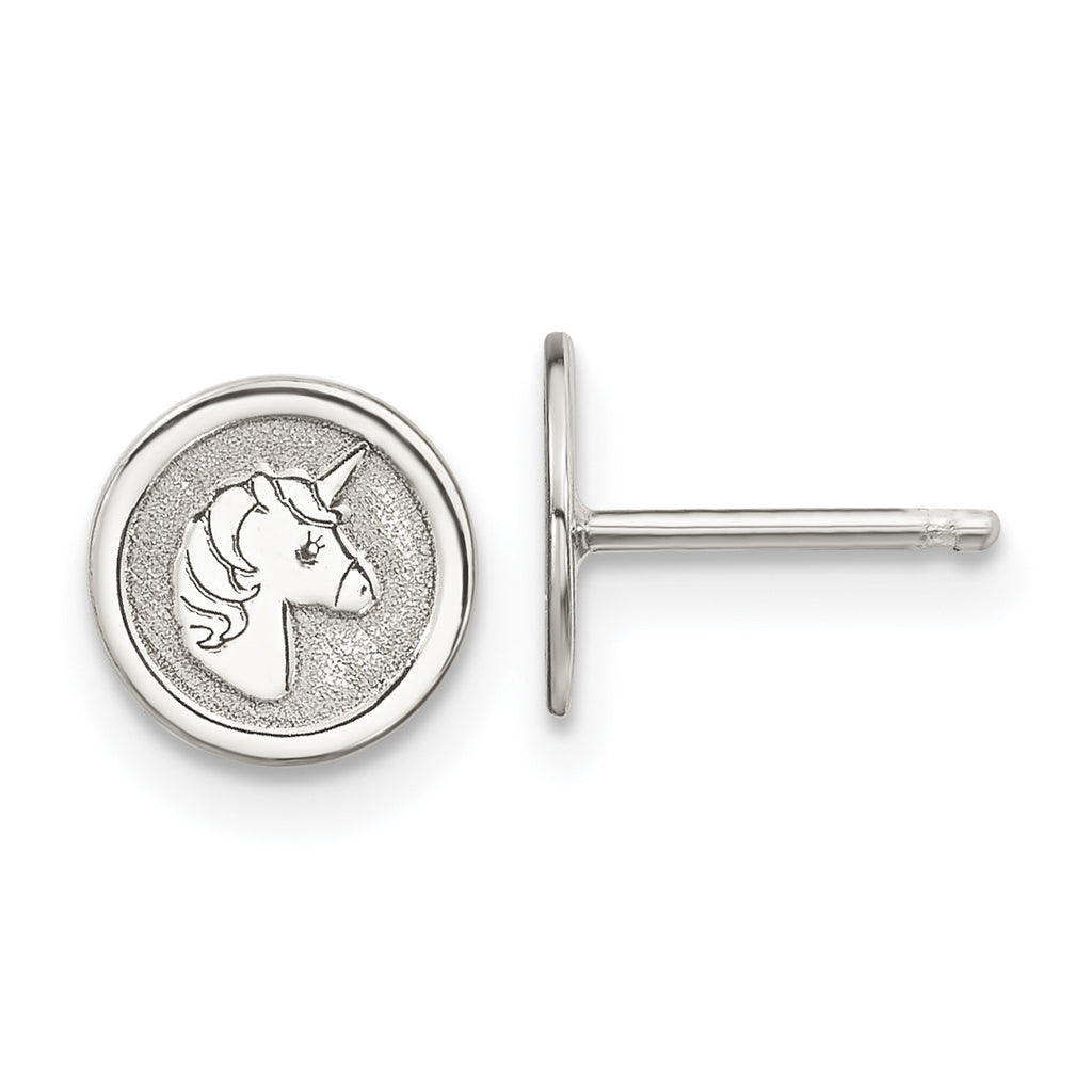 Sterling Silver Polished & Textured Unicorn Children's 14in Necklace and Post Earrings Set