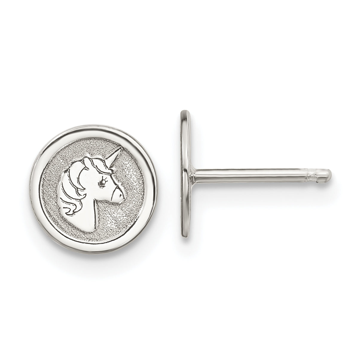 Sterling Silver Polished & Textured Unicorn Children's 14in Necklace and Post Earrings Set