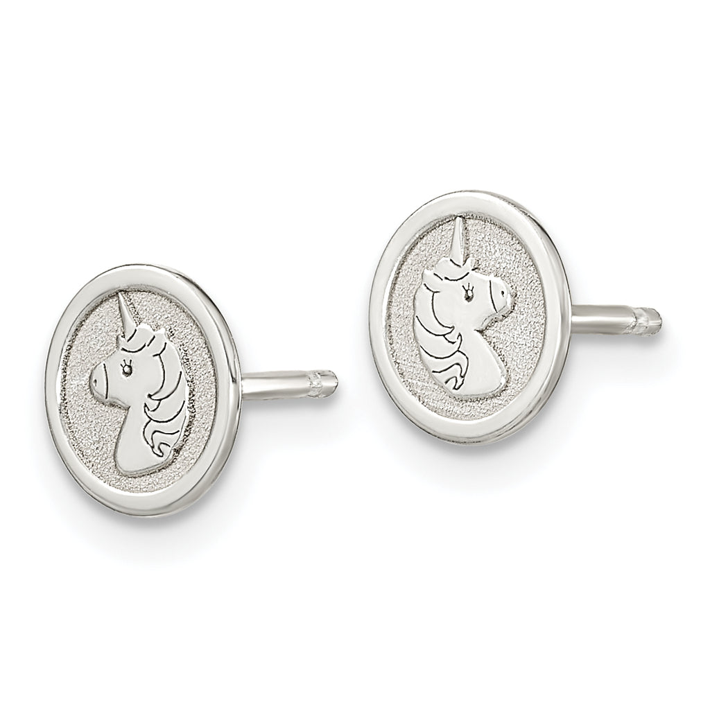 Sterling Silver Polished & Textured Unicorn Children's 14in Necklace and Post Earrings Set