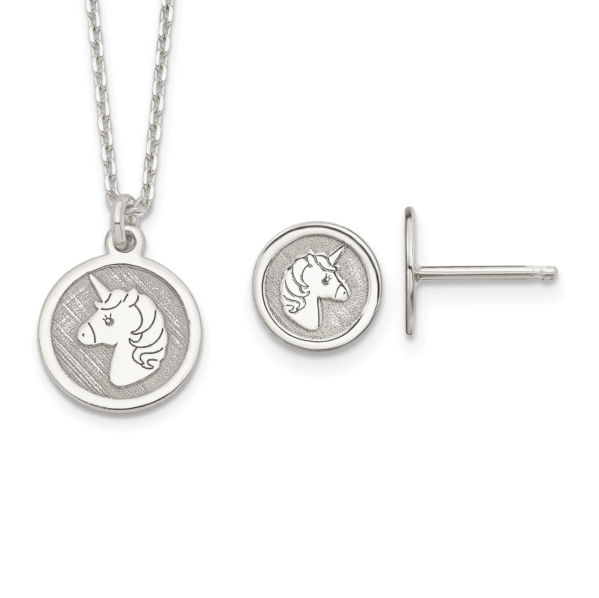 Sterling Silver Polished & Textured Unicorn Children's 14in Necklace and Post Earrings Set Main image