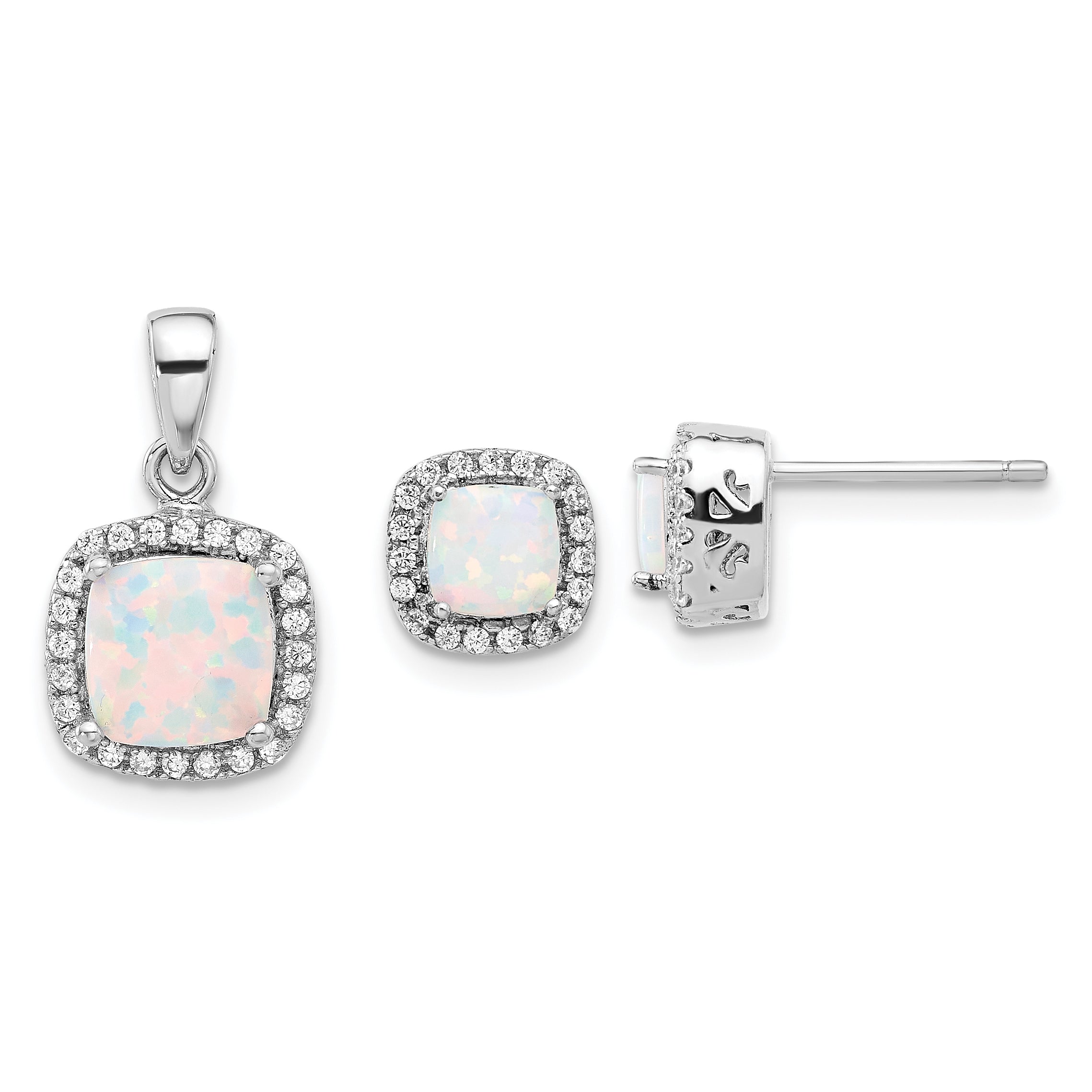 Sterling Silver Rh-plated CZ and Created Opal Halo Pendant and Earring Set Main image
