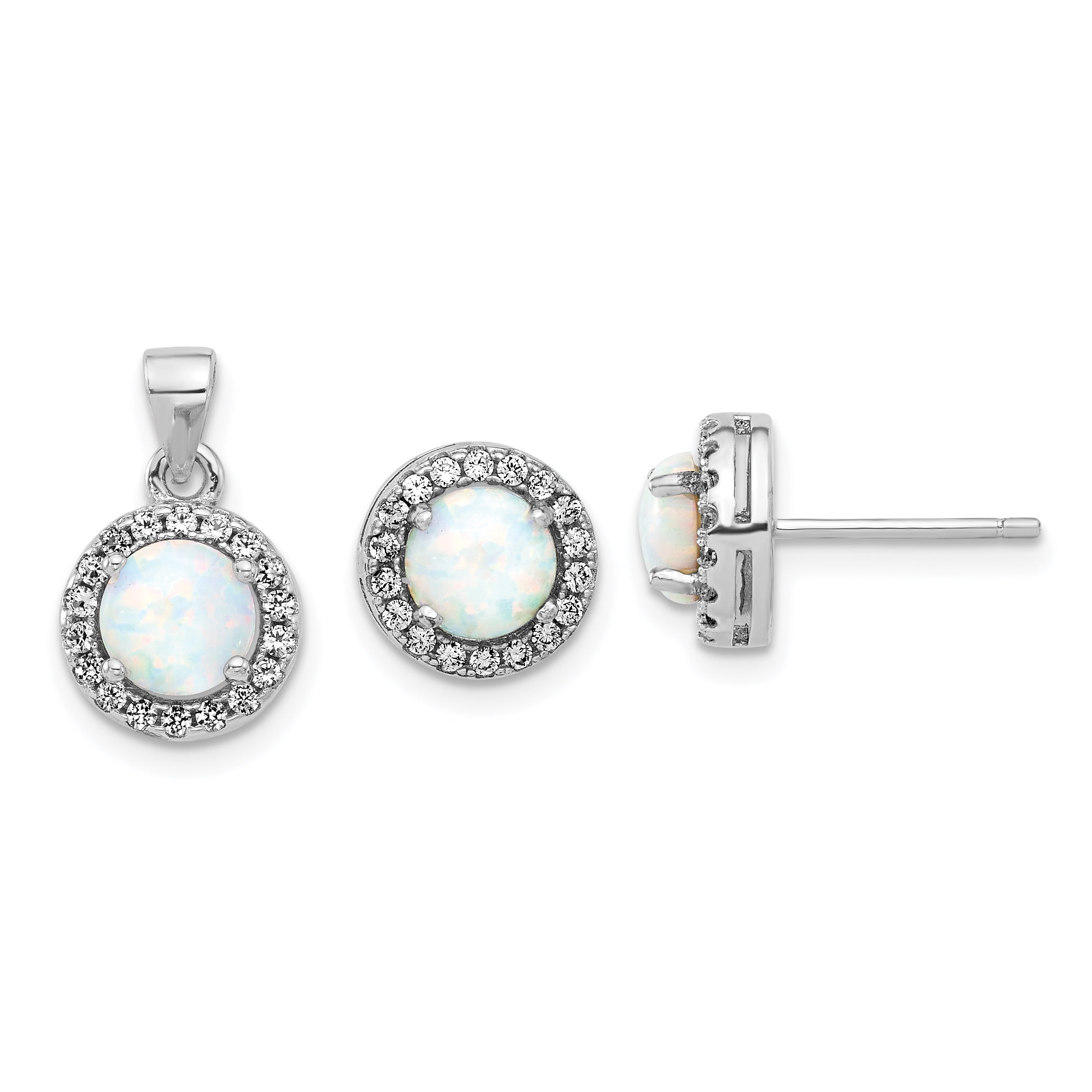 Sterling Silver Rh-plated CZ and Created Opal Halo Pendant and Earring Set Main image
