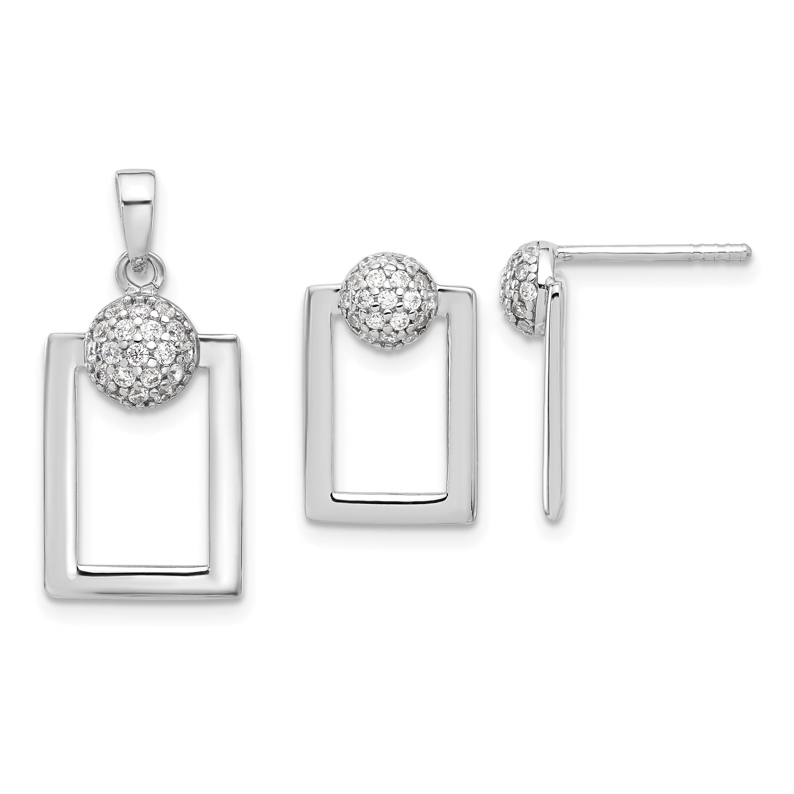 Sterling Silver RH-plated Micro Pave CZ Rectangle Earrings and Pendant Set Main image