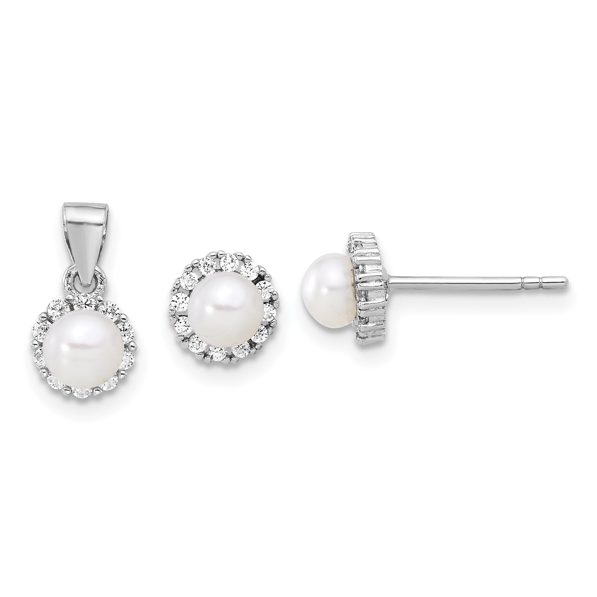 Sterling Silver Rh-plated 4-4.5mm FWC Pearl and CZ Earrings and Pendant Set Main image