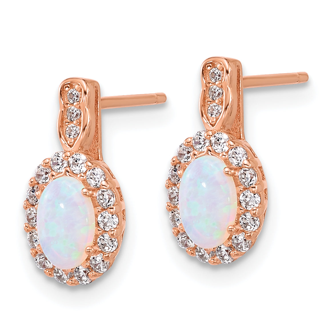 Sterling Silver Rose-tone Polished Lab Created Opal and CZ Oval Halo Post Earrings and Chain Slide Pendant Set Secondary image