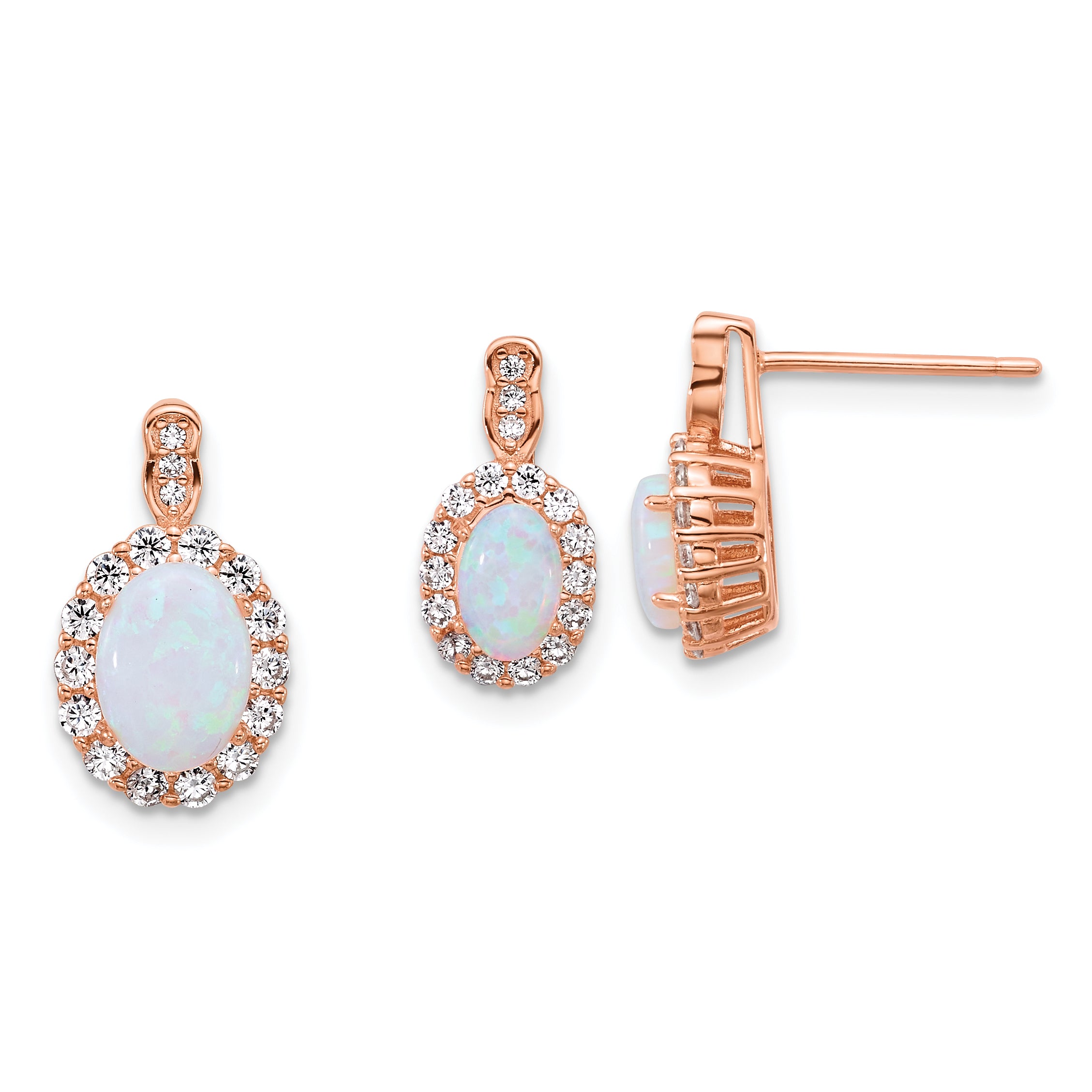 Sterling Silver Rose-tone Polished Lab Created Opal and CZ Oval Halo Post Earrings and Chain Slide Pendant Set Main image