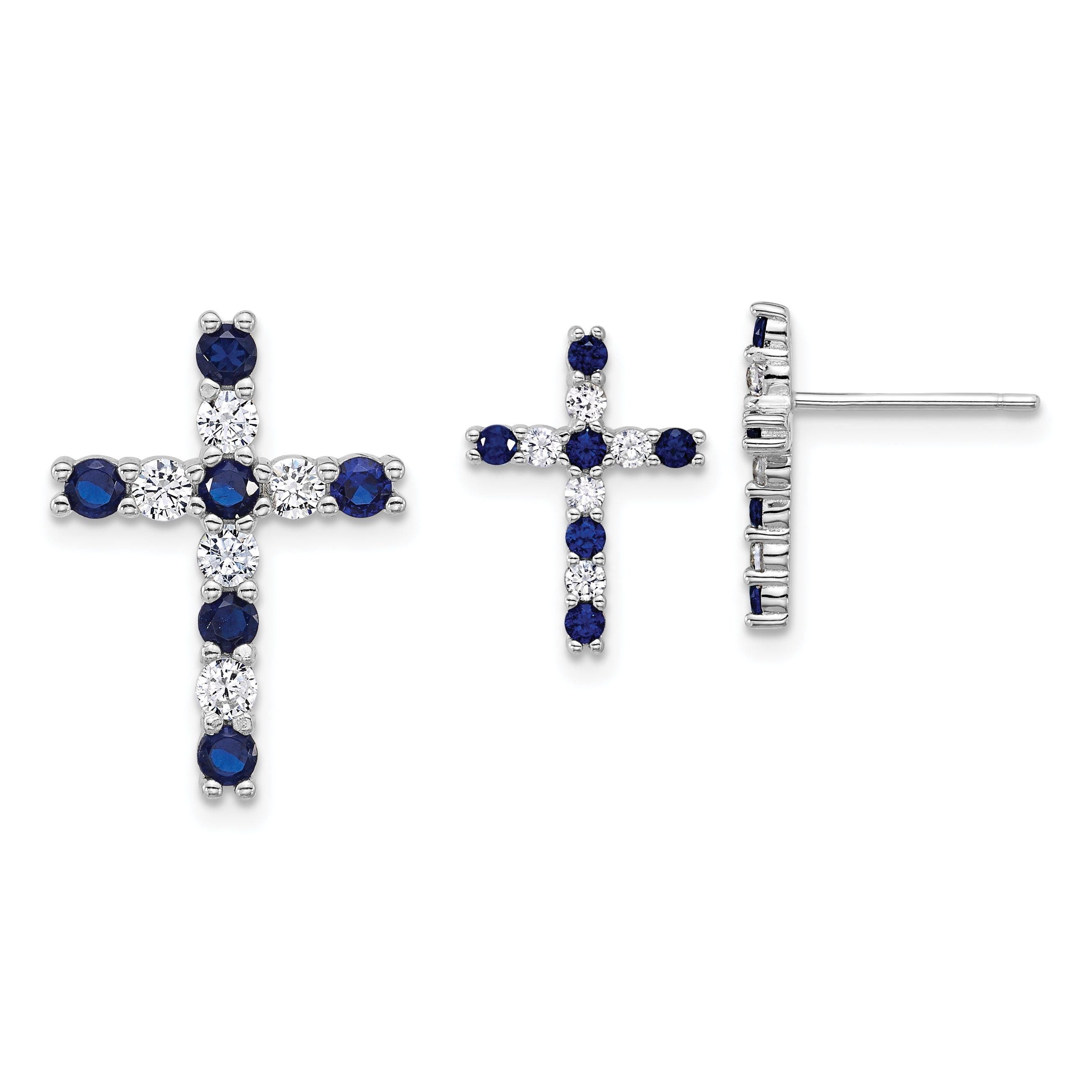 Sterling Silver Rhodium-plated Polished Blue and White CZ Cross Post Earrings and Chain Slide Pendant Set Main image