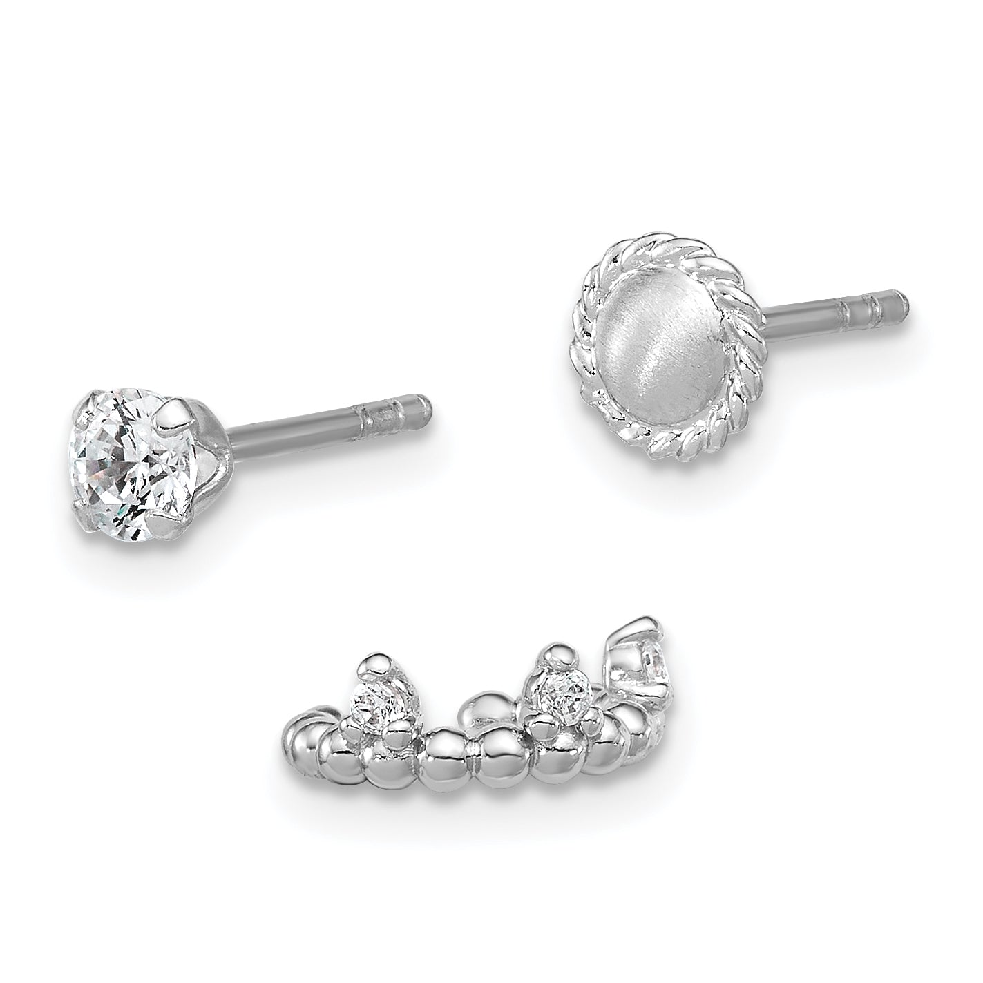 Sterling Silver Rhodium-plated Textured CZ Stud/Circle/Ear Cuff Set of 3 Single Earrings Set