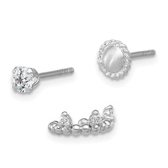 Sterling Silver Rhodium-plated Textured CZ Stud/Circle/Ear Cuff Set of 3 Single Earrings Set
