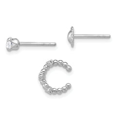 Sterling Silver Rhodium-plated Textured CZ Stud/Circle/Ear Cuff Set of 3 Single Earrings Set