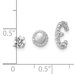 Sterling Silver Rhodium-plated Textured CZ Stud/Circle/Ear Cuff Set of 3 Single Earrings Set