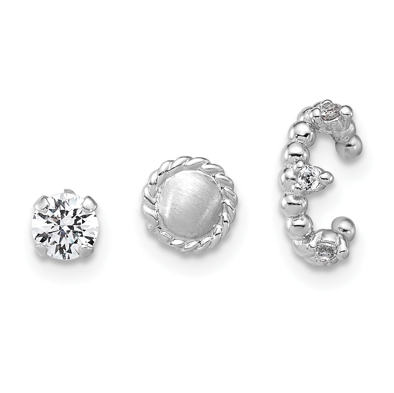 Sterling Silver Rhodium-plated Textured CZ Stud/Circle/Ear Cuff Set of 3 Single Earrings Set