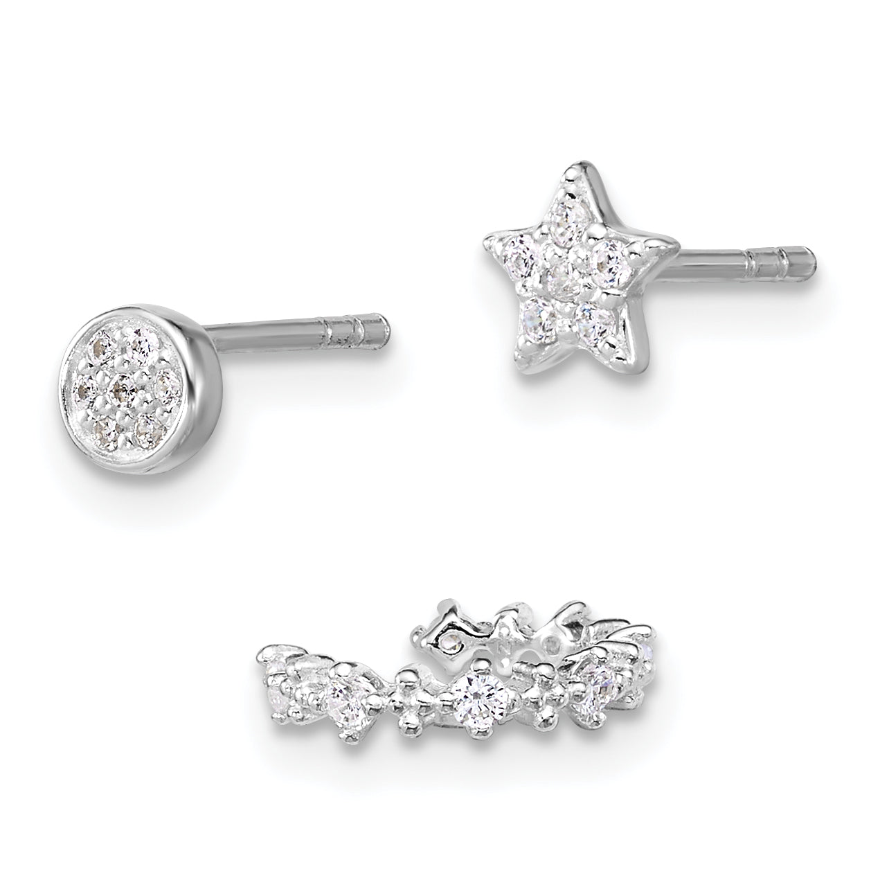 Sterling Silver Rhodium-plated Polished CZ Star/Circle/Ear Cuff Set of 3 Single Earrings Set