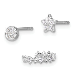 Sterling Silver Rhodium-plated Polished CZ Star/Circle/Ear Cuff Set of 3 Single Earrings Set