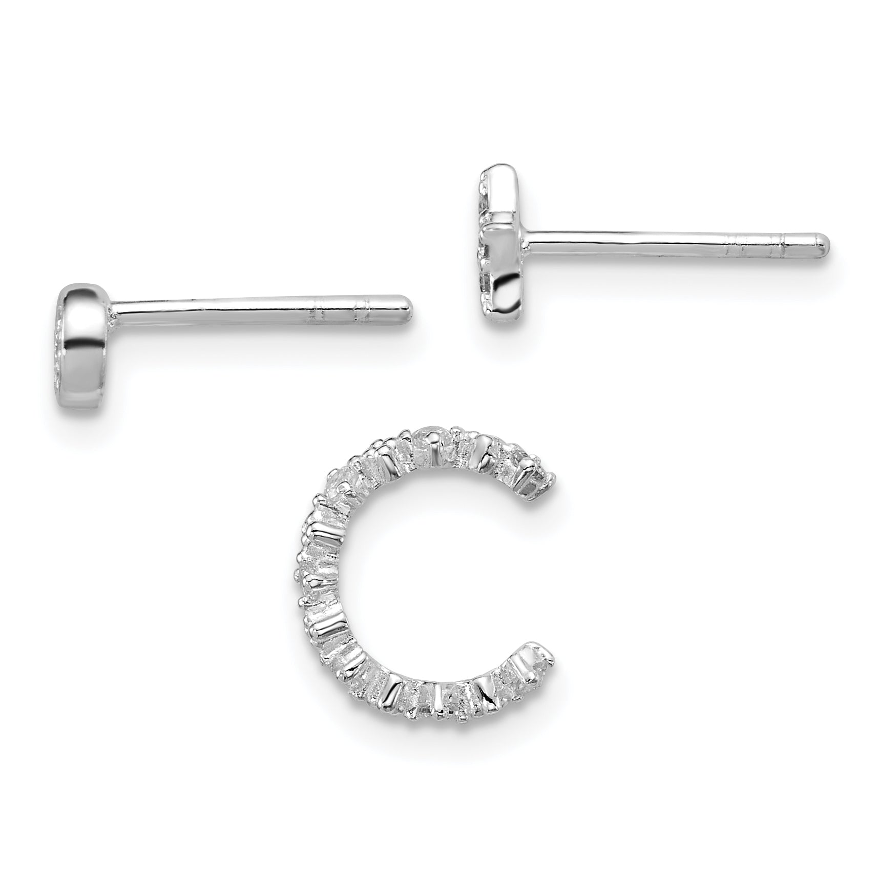 Sterling Silver Rhodium-plated Polished CZ Star/Circle/Ear Cuff Set of 3 Single Earrings Set