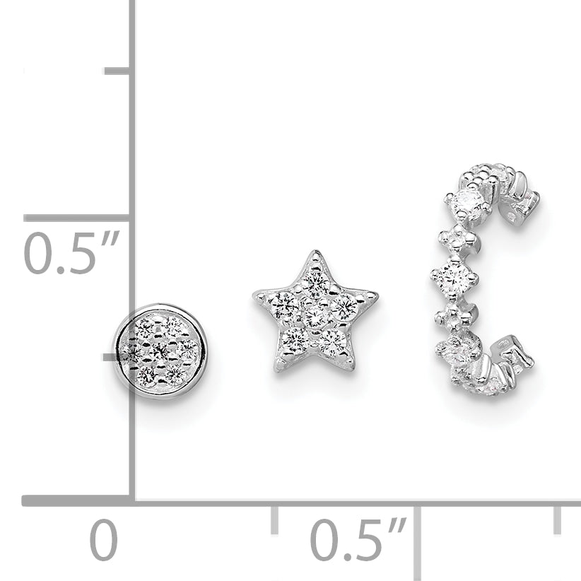 Sterling Silver Rhodium-plated Polished CZ Star/Circle/Ear Cuff Set of 3 Single Earrings Set