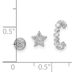 Sterling Silver Rhodium-plated Polished CZ Star/Circle/Ear Cuff Set of 3 Single Earrings Set