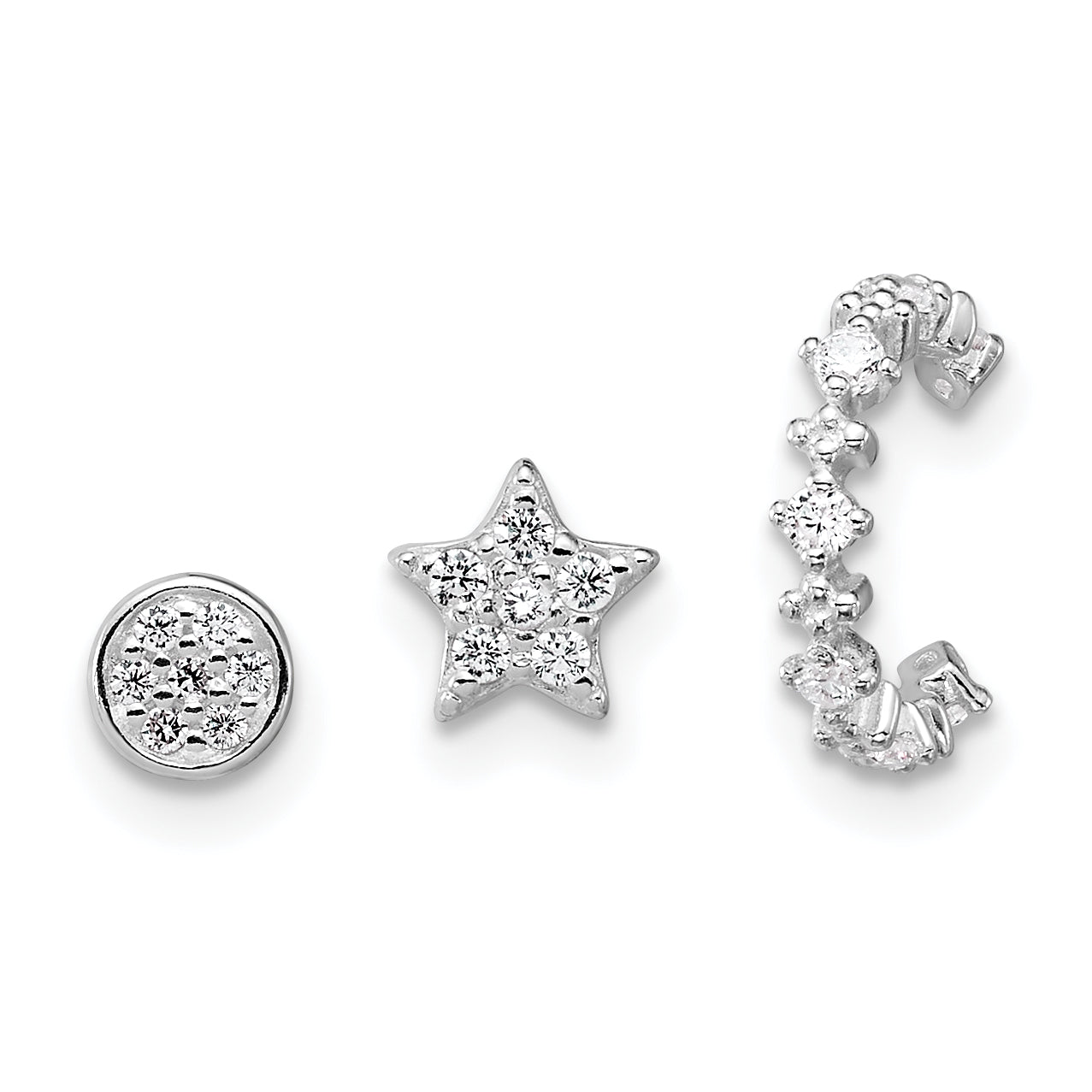 Sterling Silver Rhodium-plated Polished CZ Star/Circle/Ear Cuff Set of 3 Single Earrings Set Main image