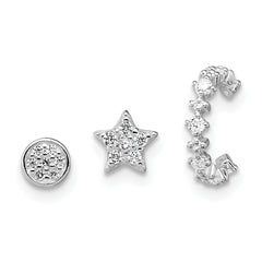 Sterling Silver Rhodium-plated Polished CZ Star/Circle/Ear Cuff Set of 3 Single Earrings Set