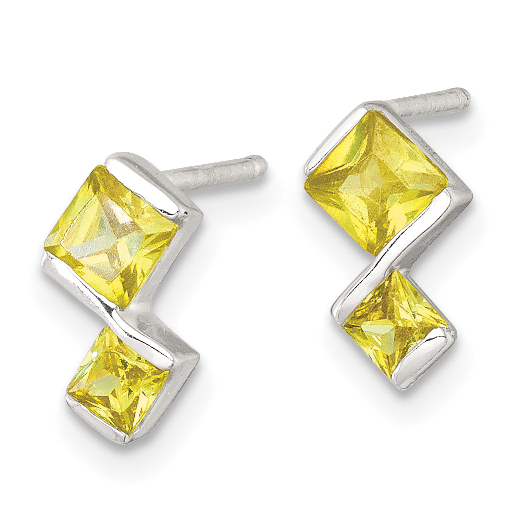 Sterling Silver Polished Square Yellow CZ Pendant and Post Earring Set