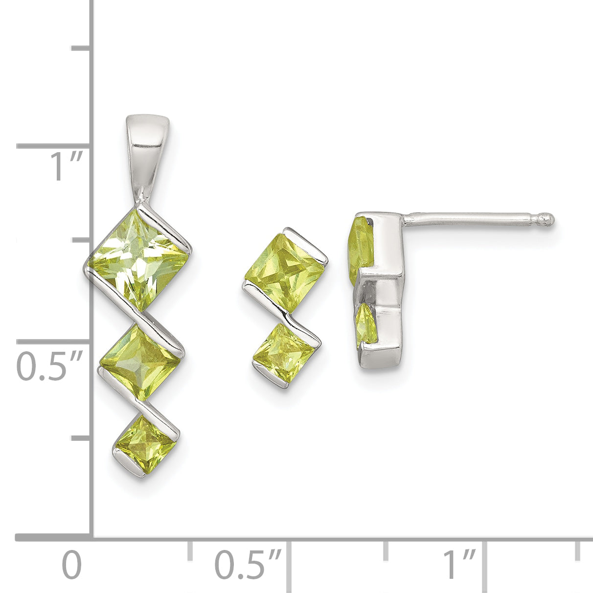 Sterling Silver Polished Square Yellow CZ Pendant and Post Earring Set