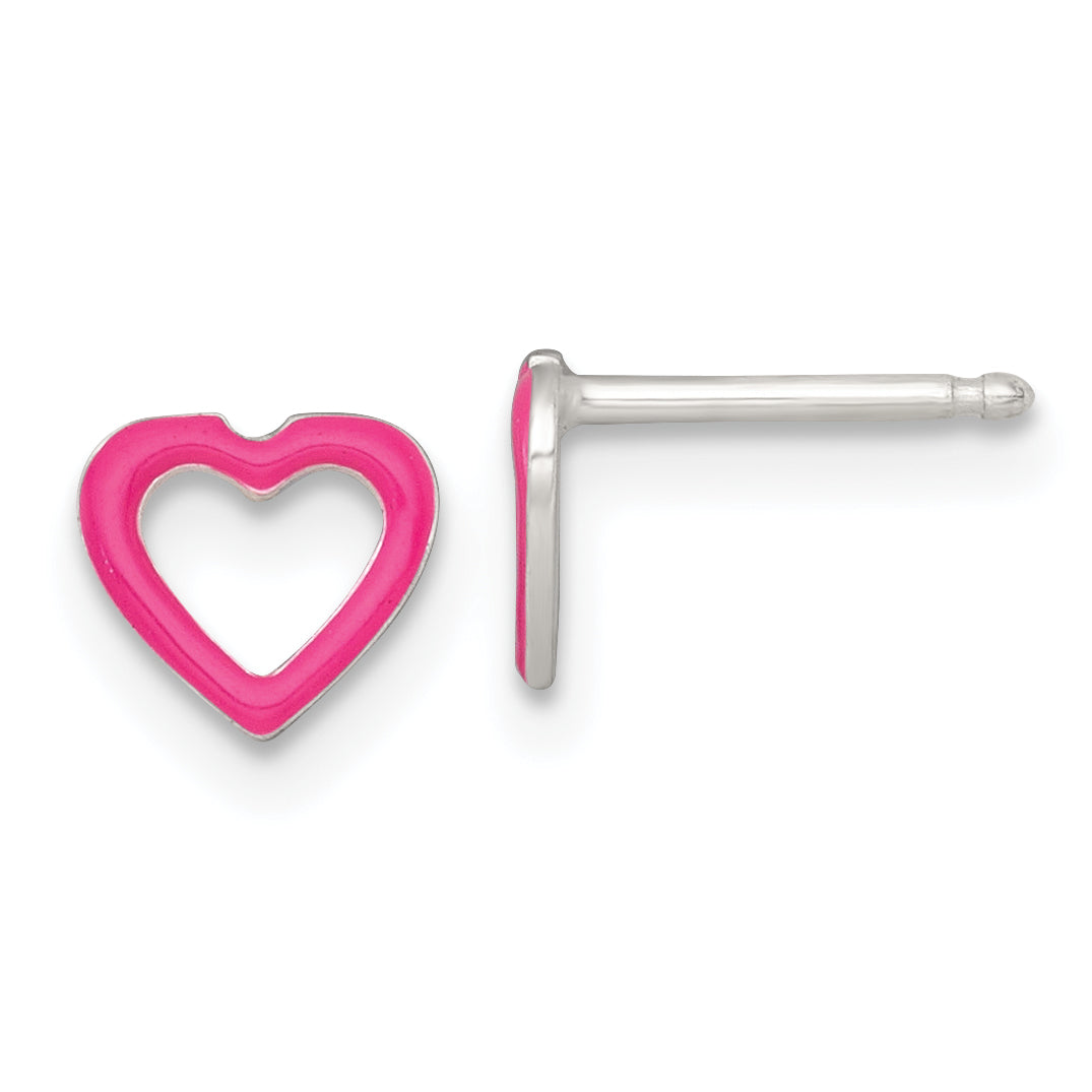 Sterling Silver Polished Pink Enamel Open Heart Childrens 14 inch Necklace and Post Earrings Set Secondary image