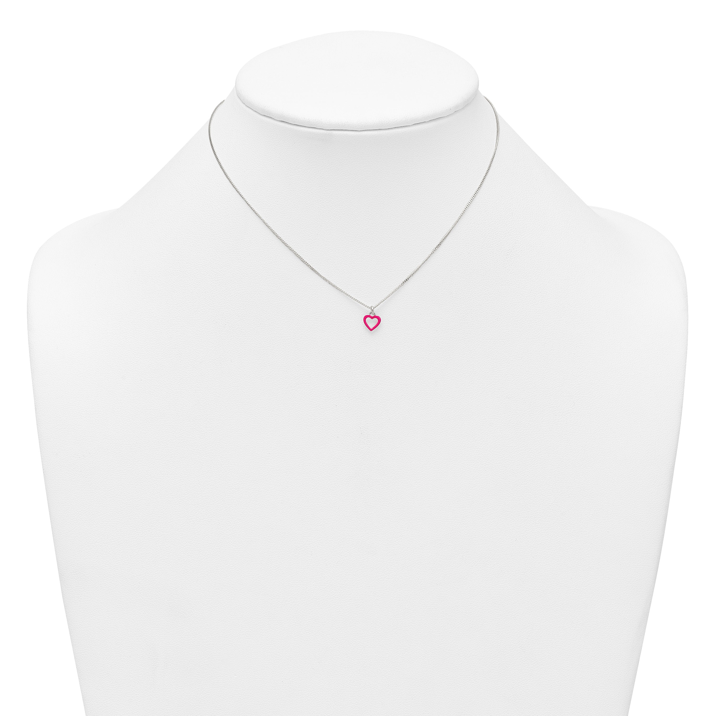 Sterling Silver Polished Pink Enamel Open Heart Childrens 14 inch Necklace and Post Earrings Set