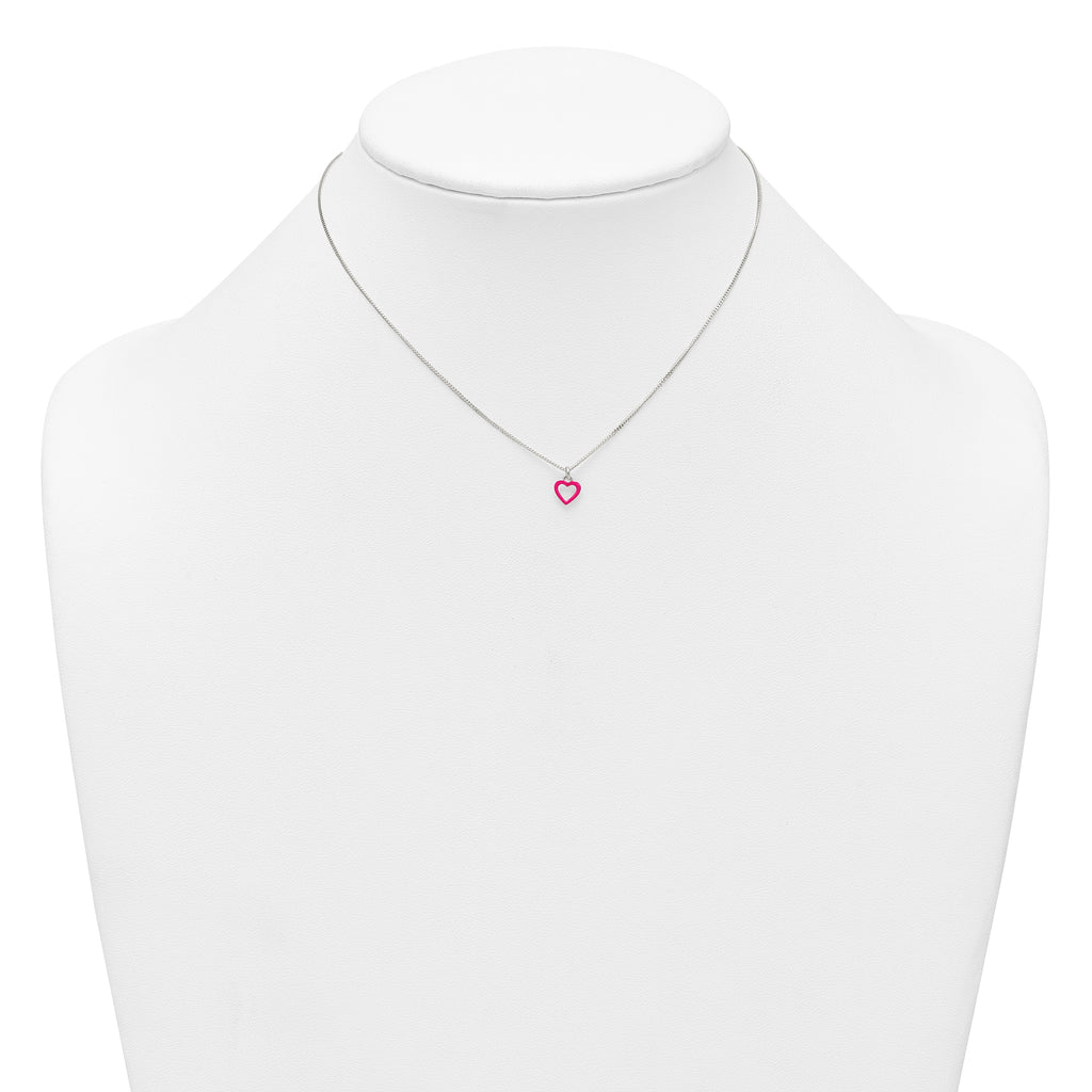 Sterling Silver Polished Pink Enamel Open Heart Childrens 14 inch Necklace and Post Earrings Set